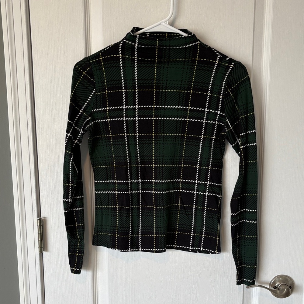 Ann Taylor Black and Green Checkered Turtleneck Blouse